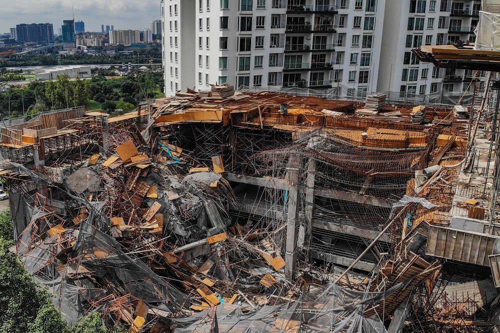 General view of the slab collapse at The Address condominium project in Taman Desa February 15, 2020. 