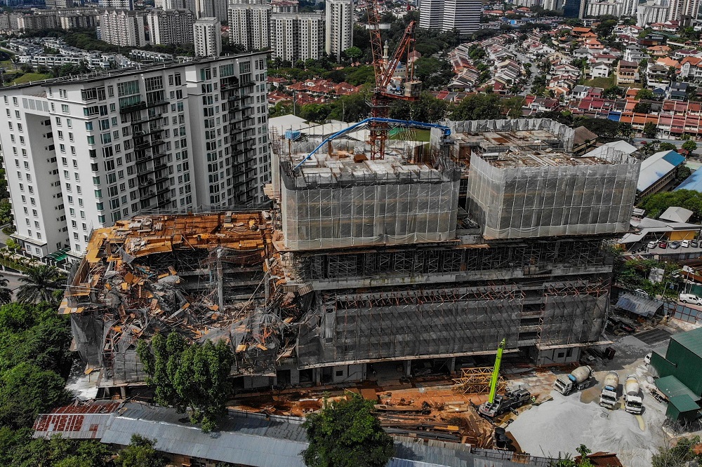Aerial view of the slab collapse at The Address condominium project in Taman Desa February 15, 2020. u00e2u20acu201d Picture by Hari Anggara