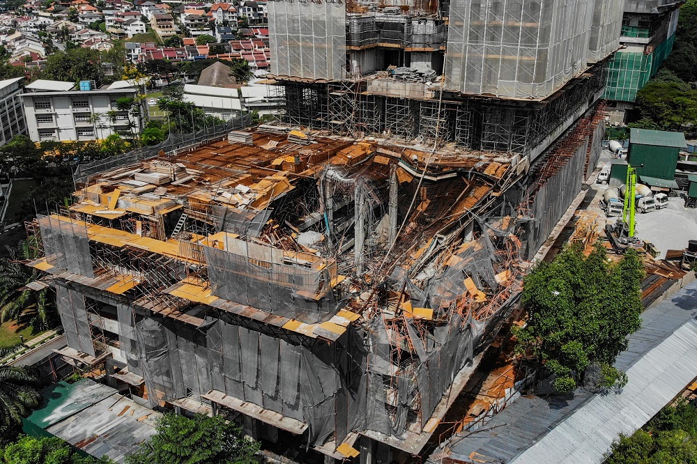 Aerial view of the slab collapse at The Address condominium project in Taman Desa February 15, 2020. 