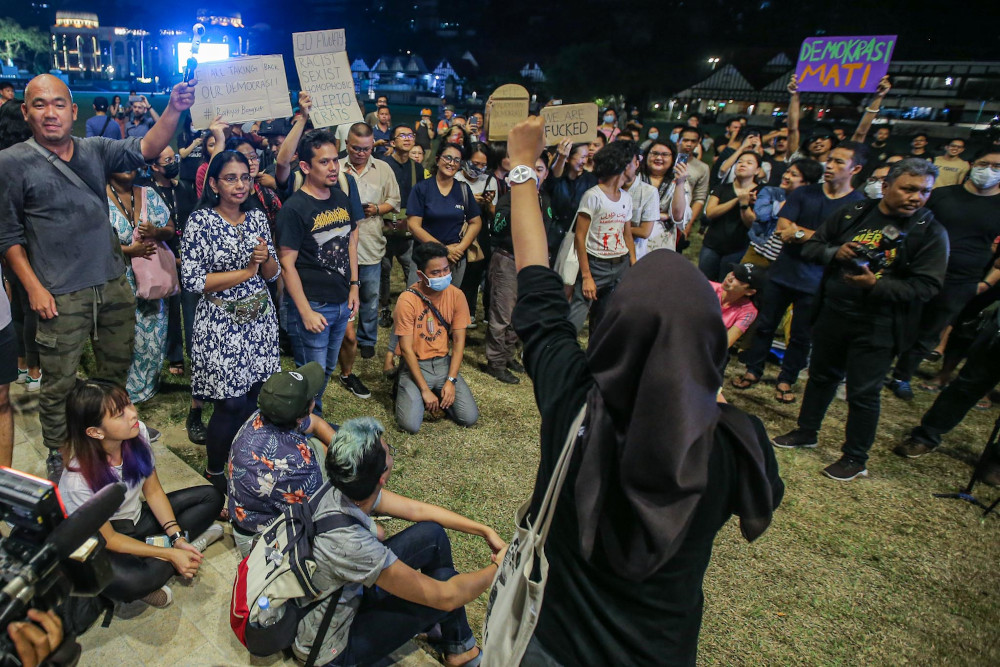 Protesters gather at Dataran Merdeka during a protest against Bersatu president Tan Sri Muhyiddin Yassin on February 29, 2020. u00e2u20acu201d Picture by Hari Anggara