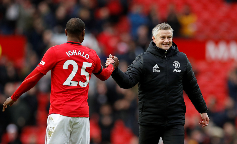Manchester United manager Ole Gunnar Solskjaer celebrates with Odion Ighalo after the match at Old Trafford, Manchester February 23, 2020. u00e2u20acu201d Reuters pic 