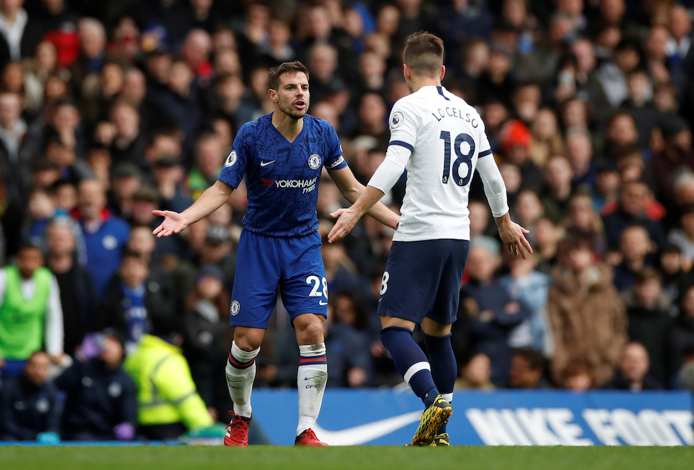 Chelseau00e2u20acu2122s Cesar Azpilicueta and Tottenham Hotspuru00e2u20acu2122s Giovani Lo Celso react during the match, February 22, 2020. u00e2u20acu201d Action Images via Reuters/Paul Childs 