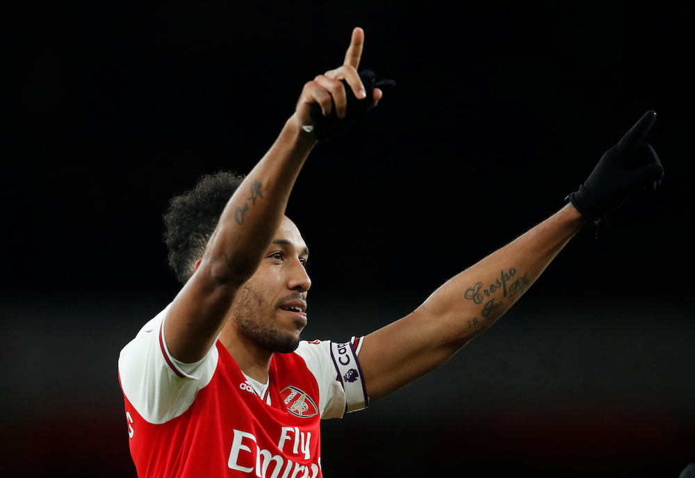 Arsenal's Pierre-Emerick Aubameyang celebrates after the match against Everton, February 23, 2020. u00e2u20acu201d Reuters pic 