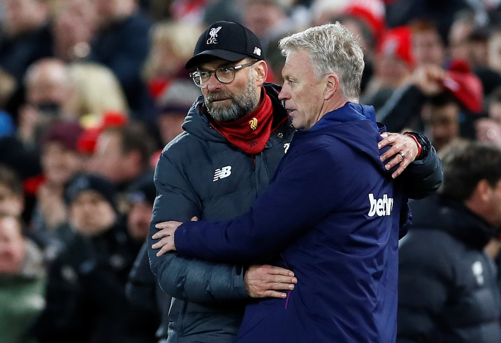 Liverpool manager Juergen Klopp with West Ham United manager David Moyes after the match, February 24, 2020. u00e2u20acu201d Action Images via Reuters/Jason Cairnduff 