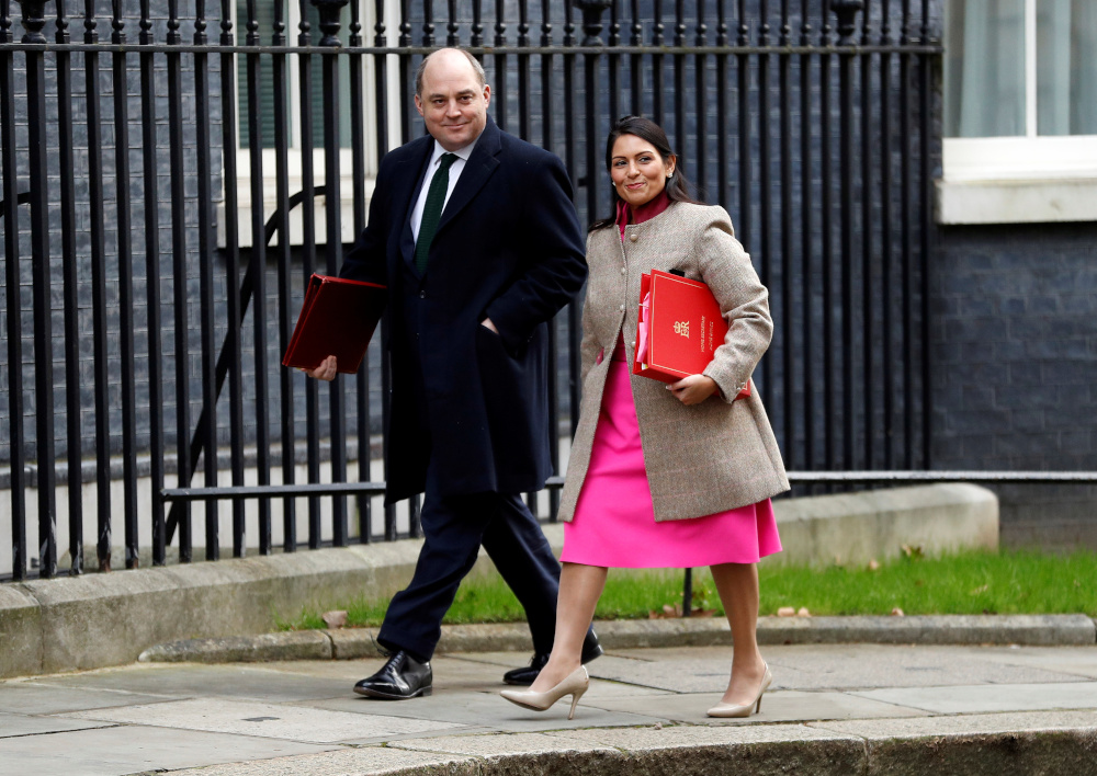 Britainu00e2u20acu2122s Secretary of State of the Home Department Priti Patel and Secretary of State of Defence Ben Wallace are seen outside Downing Street in London, Britain, February 14, 2020. u00e2u20acu201d Reuters pic 
