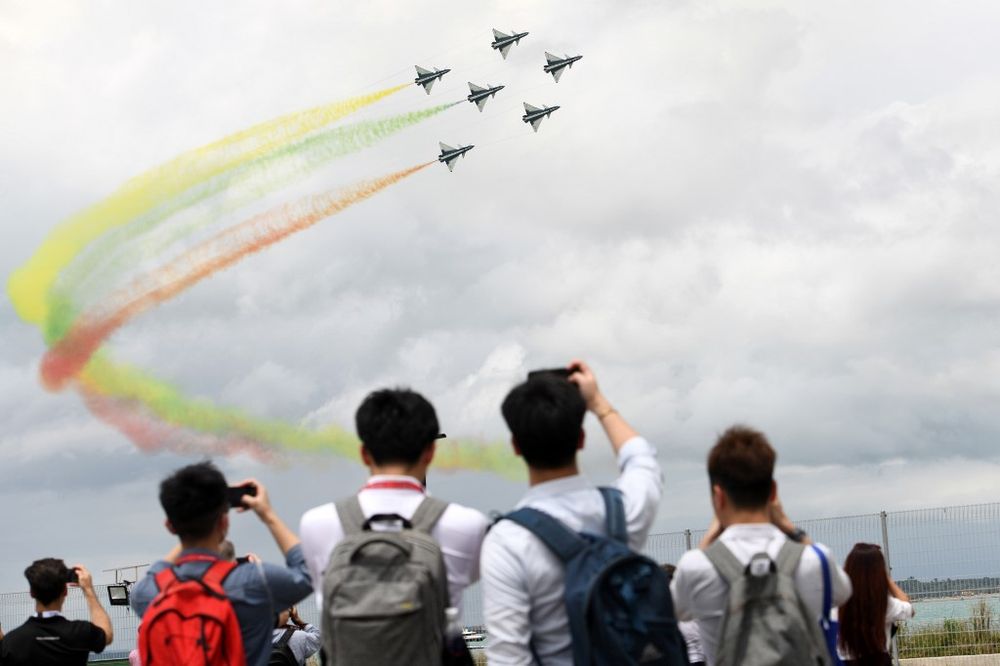 The Chinese Peopleu00e2u20acu2122s Liberation Army Air Forceu00e2u20acu2122s Bayi Aerobatic Team fly J-10 fighter jets as they perform an aerial display during the Singapore Airshow in Singapore on February 11, 2020. u00e2u20acu201d AFP pic
