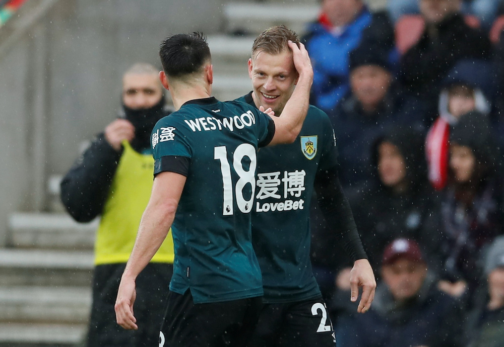 Burnleyu00e2u20acu2122s Matej Vydra celebrates scoring their second goal with Ashley Westwood during their match against Southampton at the St Maryu00e2u20acu2122s Stadium in Southampton, February 15, 2020. u00e2u20acu201d Reuters picnn