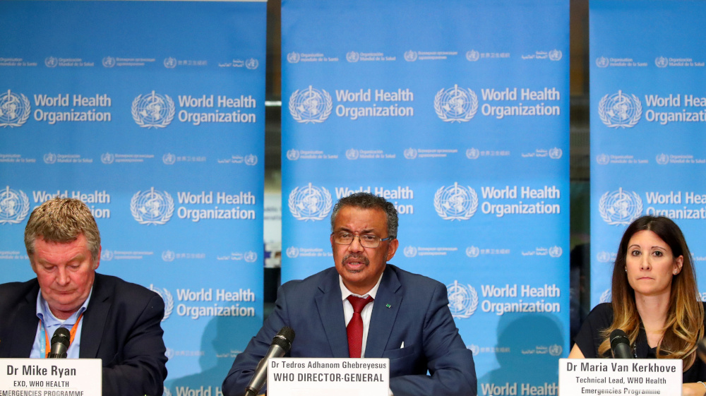 Executive Director of the WHOu00e2u20acu2122s emergencies programme Mike Ryan, WHO director-general Tedros Adhanom Ghebreyesus and the technical lead for the WHOu00e2u20acu2122s emergencies programme Maria Van Kerkhoves at a news conference on the novel coronavirus in Geneva