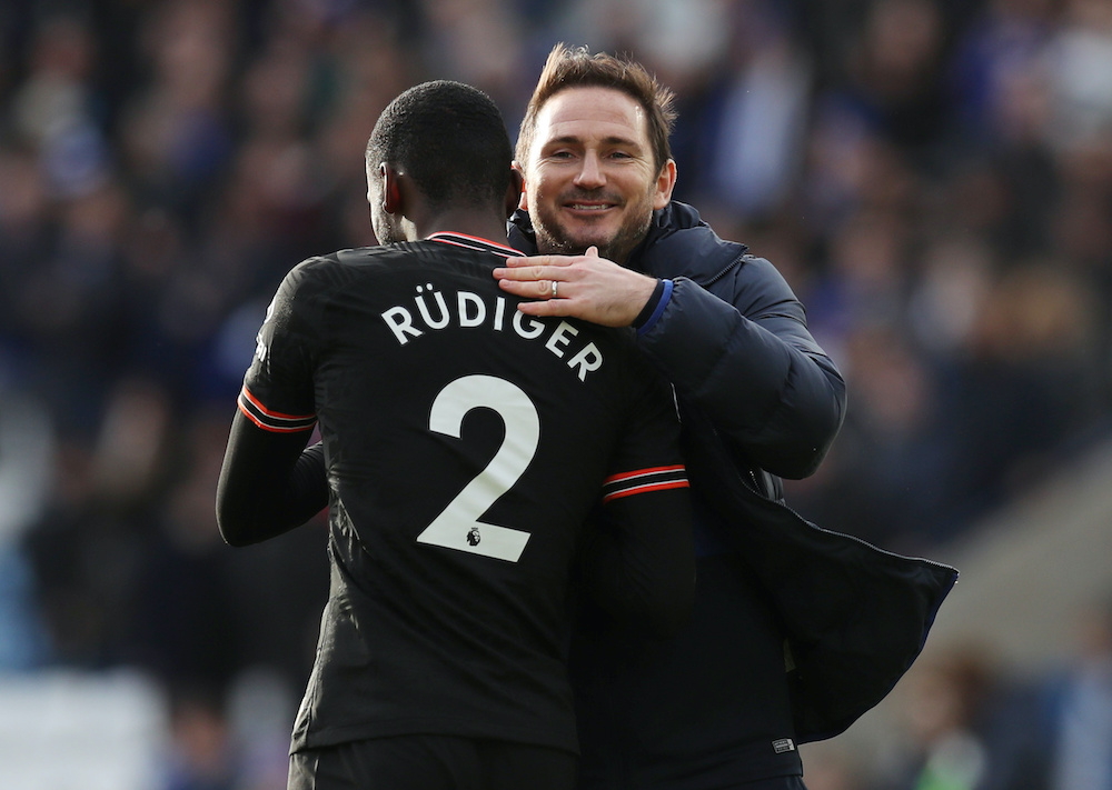 Chelseau00e2u20acu2122s Antonio Rudiger celebrates with manager Frank Lampard after the match after the match with Leicester at the King Power Stadium in Leicester, February 1, 2020.  u00e2u20acu201d Reuters picnn