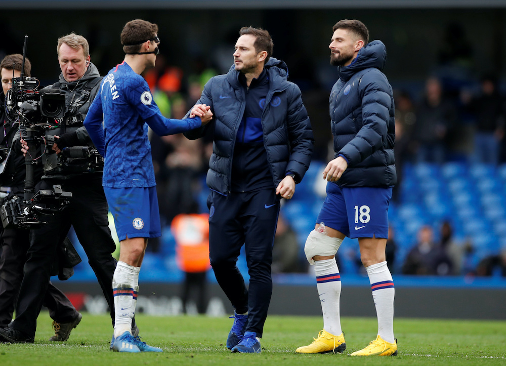 Chelsea manager Frank Lampard celebrates with Andreas Christensen and Olivier Giroud after their match against Tottenham Hotspur at the Stamford Bridge stadium in London, February 22, 2020. u00e2u20acu201d Reuters pic