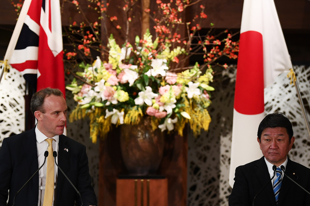 Britainu00e2u20acu2122s Foreign Secretary Dominic Raab, flanked by and Japanu00e2u20acu2122s Foreign Minister Toshimitsu Motegi, delivers a speech during a joint press conference in Tokyo February 8, 2020. u00e2u20acu201d AFP pic 