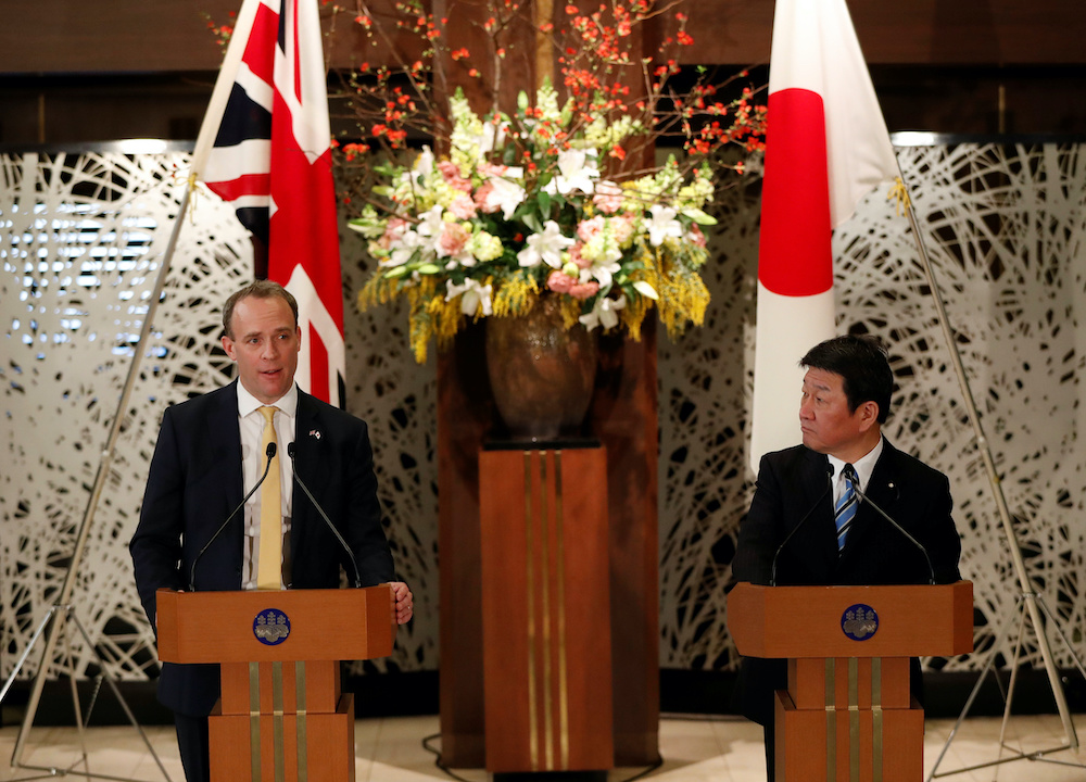 British Foreign Secretary Dominic Raab and Japanese Foreign Minister Toshimitsu Motegi attend their joint news conference after their meeting in Tokyo, Japan February 8, 2020. u00e2u20acu201d Reuters pic nnn