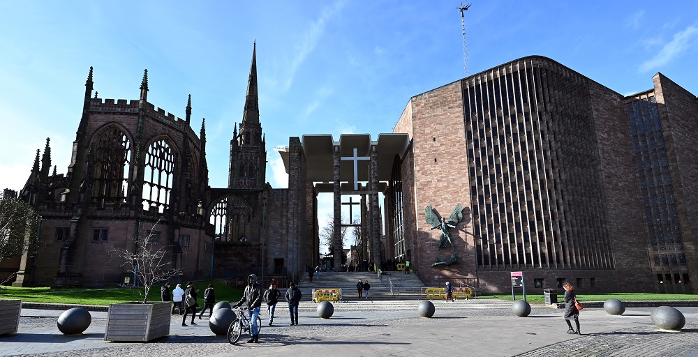 The old bombed 14th century Gothic Coventry Cathedral (left), which was bombed by the German Luftwaffe during World War II, joined to the new Cathedral (right) are seen in Coventry, central England February 12, 2020. u00e2u20acu201d AFP pic