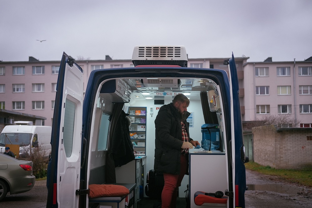 Jaan Vaart, former drug user and nowadays coordinator of the harm reduction service, poses for a picture inside a van equipped with syringes and emergency equipment that he uses in his daily job, in Tallinn on November 18, 2019. u00e2u20acu201d AFP pic  