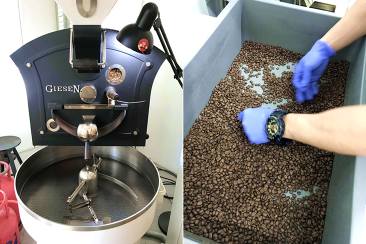 After roasting (left), the beans are sorted once more to check for defects (right).