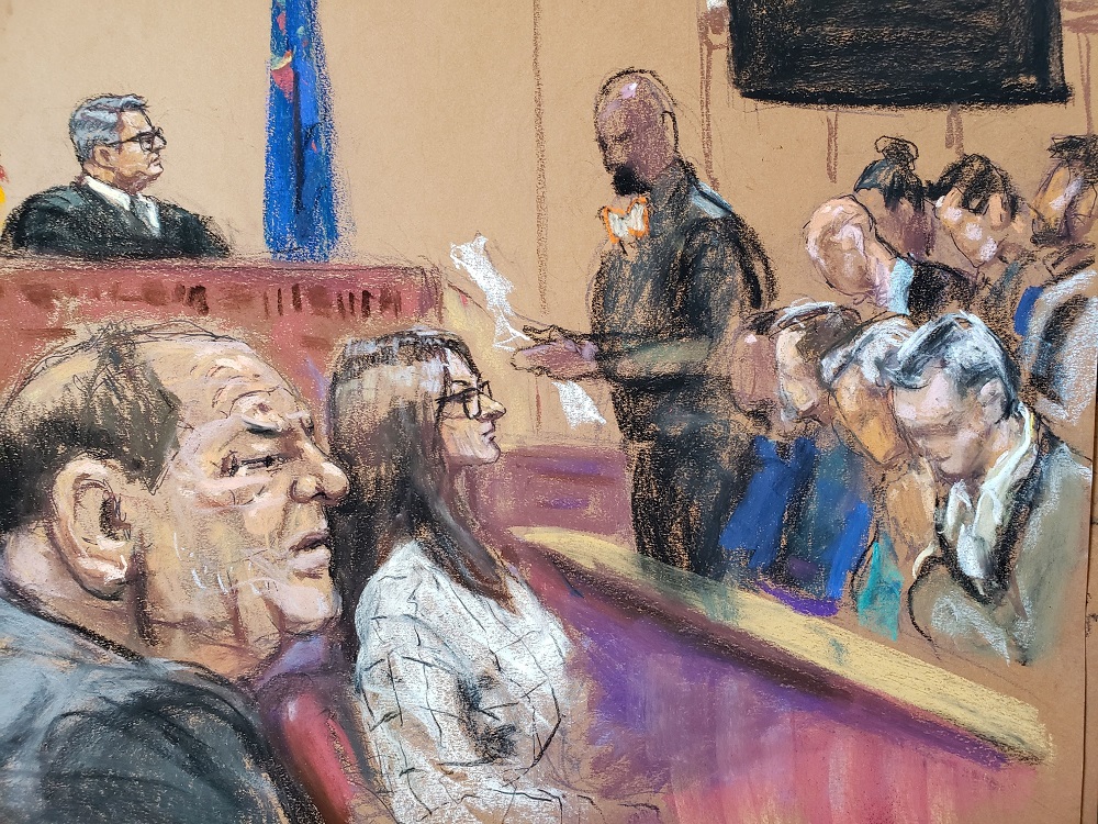 Jury foreman reads the verdict in film producer Harvey Weinsteinu00e2u20acu2122s sexual assault trial in the Manhattan borough of New York February 24, 2020 in this courtroom sketch. u00e2u20acu2022 Reuters pic  