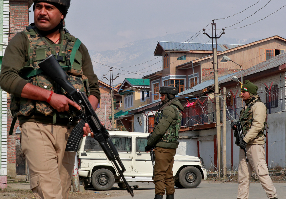 Indian security forces stand guard at the site of a grenade explosion in Srinagar February 6, 2020. u00e2u20acu201d Reuters pic