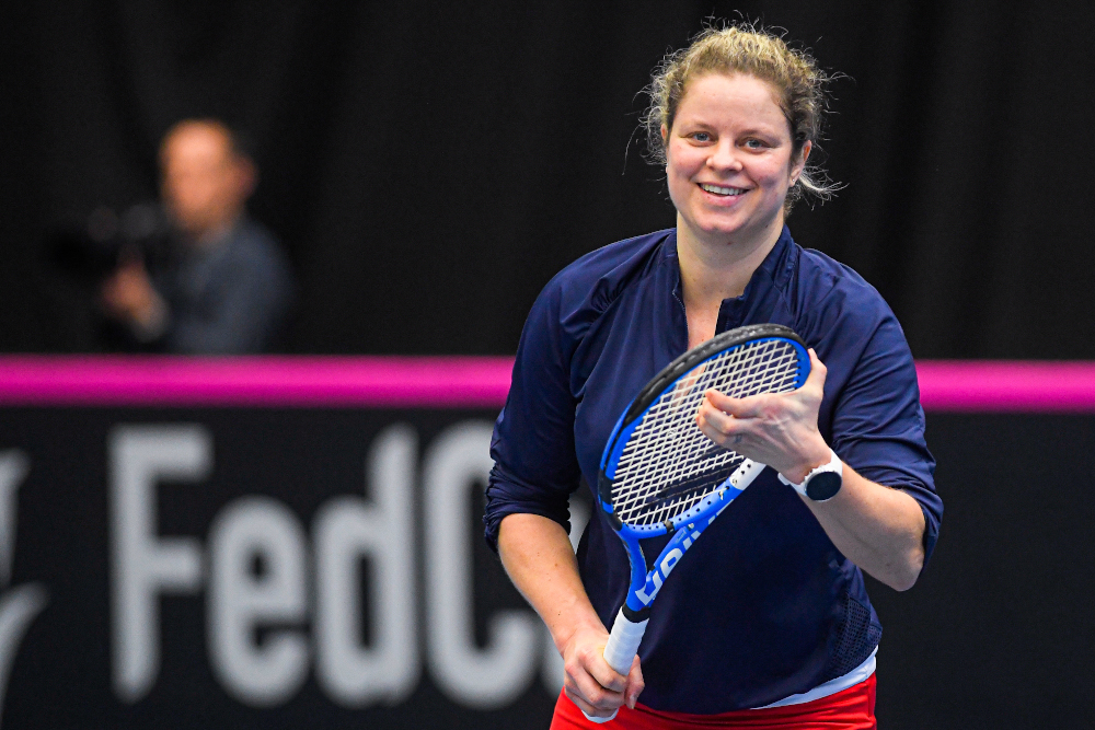 Belgian tennis player Kim Clijsters attends a training session of the Belgian tennis national team in preparation of the Fed Cup Qualifiers first round between Belgium and Kazakhstan, February 4, 2020 in Kortrijk. u00e2u20acu201d AFP pic