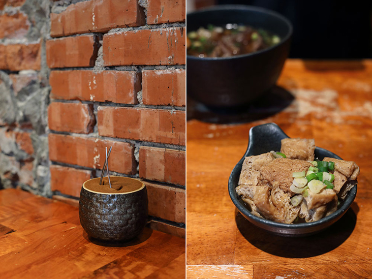The signature 'là niú yóu' or “spicy beef butter” (left); 'huā gān' or wheat gluten (right)