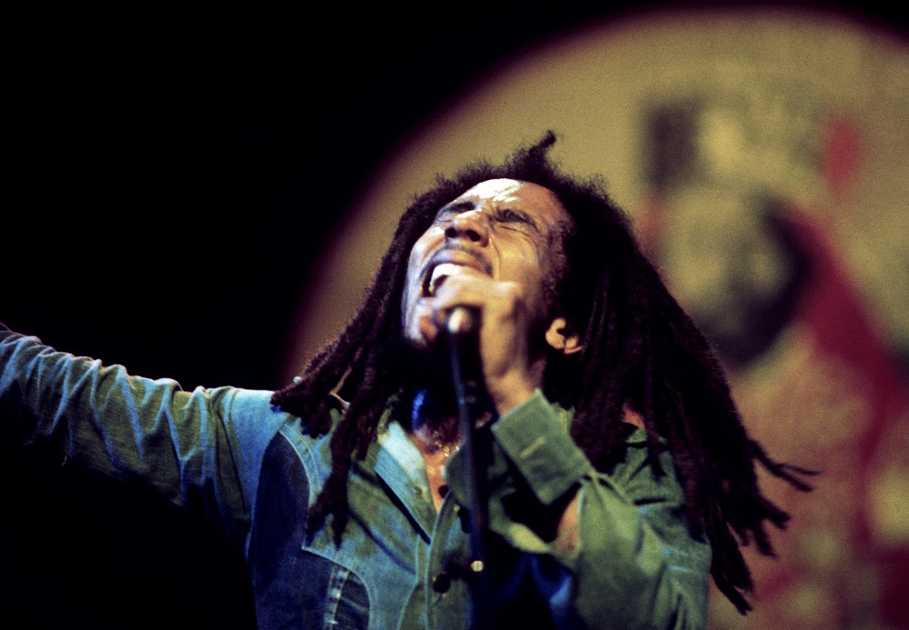 Bob Marley is pictured during a live at the Rainbow Theatre during a run to close out the Exodus Tour in London June 4, 1977 in this handout photo obtained on February 5, 2020. u00e2u20acu201d Adrian Boot/Handout via Reuters