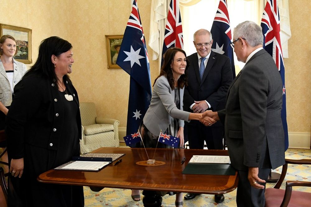 New Zealandu00e2u20acu2122s Prime Minister Jacinda Ardern shakes hands with Australiau00e2u20acu2122s Minister for Indigenous Australians Ken Wyatt (right), at Admiralty House in Sydney, February 28, 2020. u00e2u20acu201d AFP pic