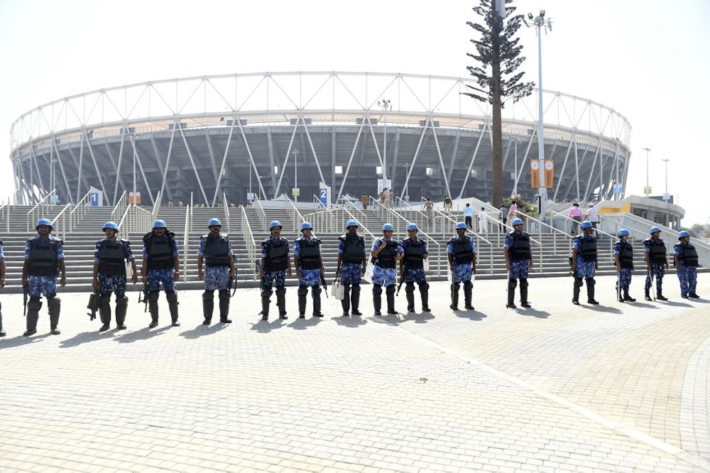 Para-military soldiers from the Rapid Action Force stand in front of Sardar Patel Stadium, in Motera, on the outskirts of Ahmedabad, on February 21, 2020. u00e2u20acu201d AFP pic