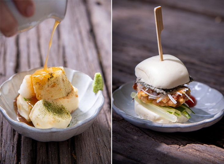 The 'agedashi tofu' is crispy outside and butter-soft inside (left). Chicken 'karaage' pao burger with crispy chicken fillet and paos instead of a bun (right)