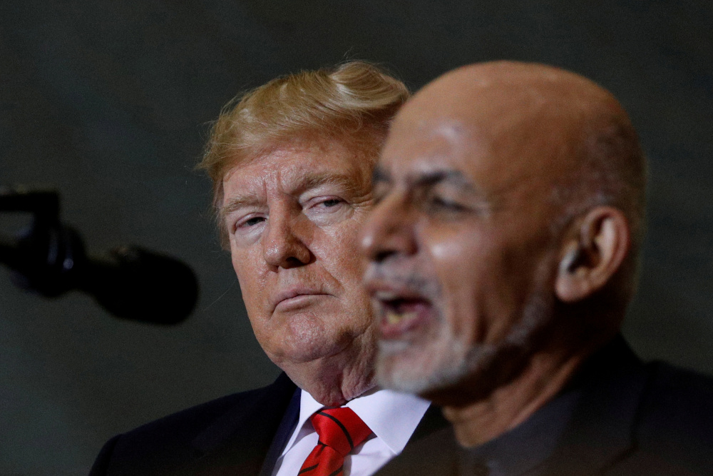 Afghanistan President Ashraf Ghani delivers remarks to US military personnel beside US President Donald Trump during a surprise visit at Bagram Air Base in Afghanistan, November 28, 2019. u00e2u20acu201d Reuters pic 