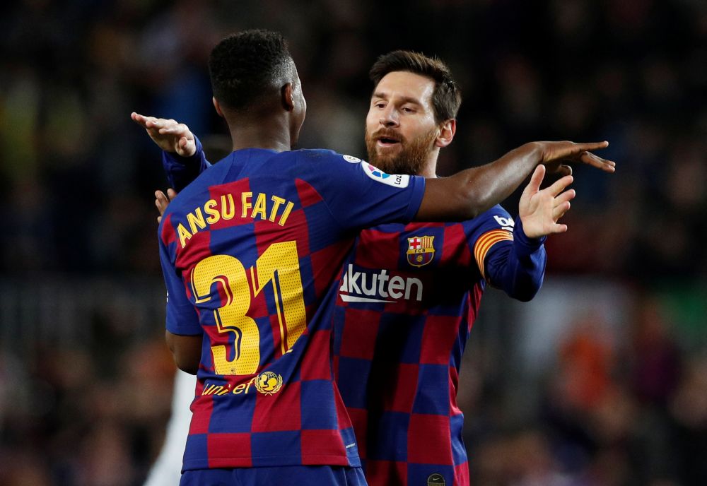 Barcelona's Ansu Fati celebrates scoring their first goal with Lionel Messi against Levante at the Camp Nou February 2, 2020. u00e2u20acu201d Reuters picnn
