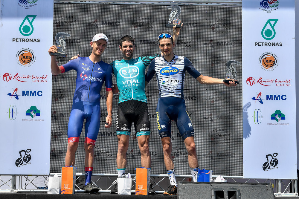 Team B&B Hotels-Vital Conceptu00e2u20acu2122s Johan Le Bon celebrates his win with second place winner Team Sapura Cyclingu00e2u20acu2122s Jesse Ewart and third place winner Team Nippo Delko One Provenceu00e2u20acu2122s Lucas De Rossi in Langkawi February 15, 2020. u00e2u20acu201d Benama pic