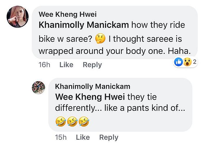 Some users were wondering how the riders managed to get on the bikes while wearing their sarees. — Screengrab via Facebook/Venga Das