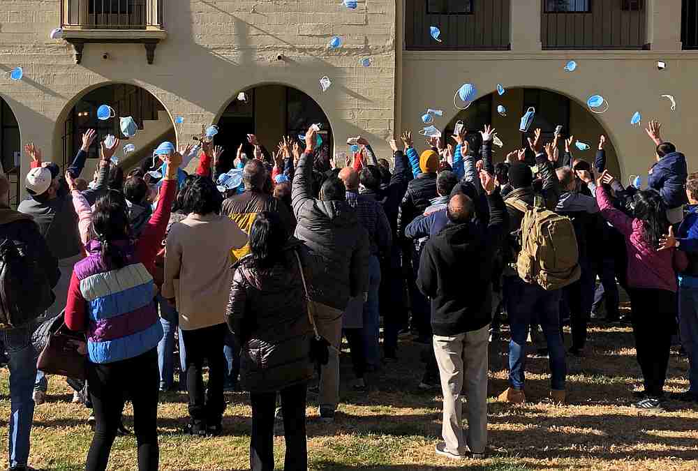 Evacuees from the Covid-19 outbreak toss their masks after finishing quarantine in Riverside, California, February 11, 2020. u00e2u20acu201d Riverside University Health Departmentu00e2u20acu201cPublic Health pic via Reuters