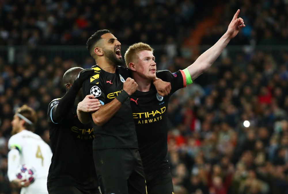 Manchester City's Kevin De Bruyne celebrates scoring against Real Madrid with Riyad Mahrez. u00e2u20acu201d Reuters pic