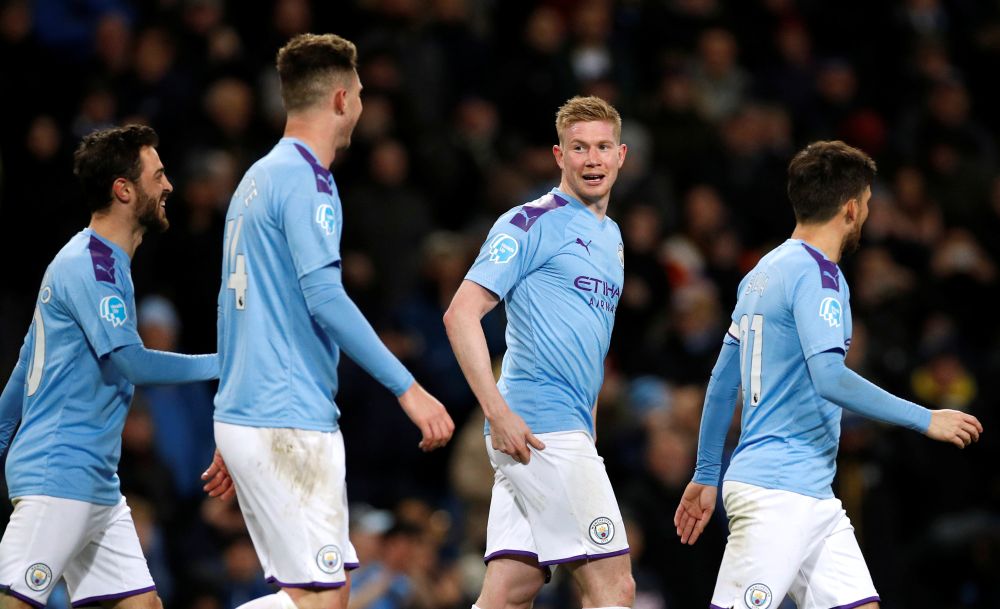 Manchester City's Kevin De Bruyne (second from right) celebrates scoring against West Ham United at the Etihad Stadium in Manchester February 20, 2020. u00e2u20acu201d Reuters pic