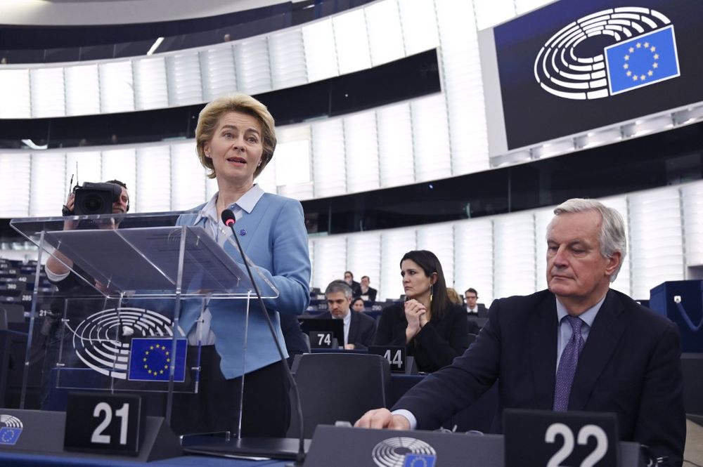 European Commission President Ursula von der Leyen speaks flanked by EU chief Brexit negotiator Michel Barnier during a debate on new EU-UK partnership following Brexit, at the European Parliament, Strasbourg, France, February 11, 2020. u00e2u20acu201d AFP pic