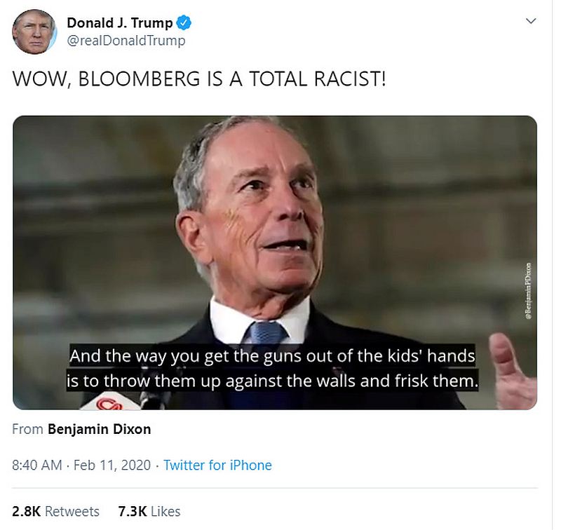 A screenshot shows a tweet from US President Donald Trump's Twitter account mentioning former New York City Mayor Michael Bloomberg, uploaded February 11, 2020. u00e2u20acu201d @realDonaldTrump/Twitter.com/ image via Reuters