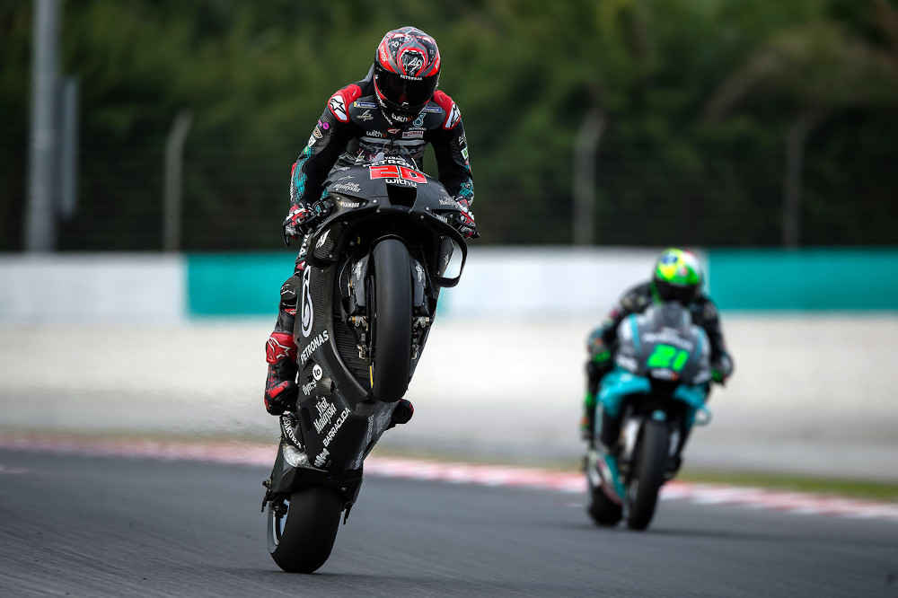 Petronas Yamaha SRT rider Fabio Quartararo performs a wheelie during the MotoGP pre-season winter test at the Sepang International Circuit February 8, 2020. u00e2u20acu201d Bernama pic