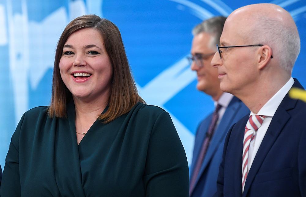 Katharina Fegebank of Germany's Green Party and Peter Tschentscher of the Social Democrats (SPD) appear in a TV studio, after first results of Hamburg election in Germany February 23, 2020. u00e2u20acu201d Reuters pic 