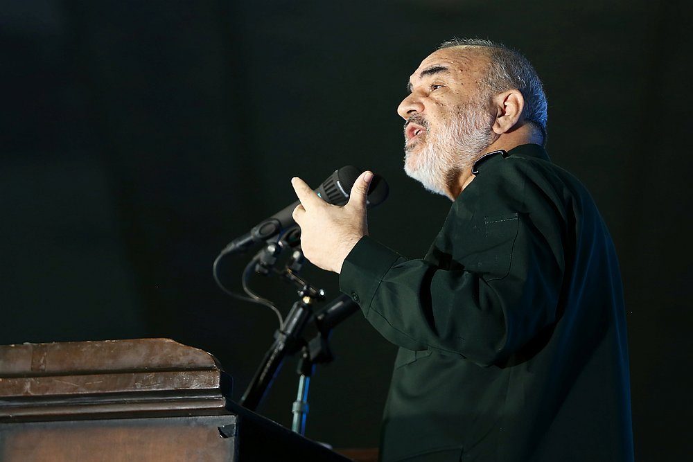 Commander-in-chief of the Islamic Revolutionary Guard Corps Hossein Salami delivers a speech at the Grand Mosalla in Tehran, Iran February 13, 2020. u00e2u20acu201d Nazanin Tabatabaee/Wana pic via Reuters