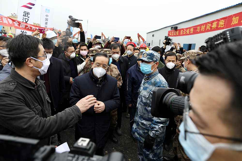 Jiang Chaoliang, who has been removed as Hubei chief of the Communist Party of China, inspects the newly completed Huoshenshan Hospital in Wuhan, Hubei province, China February 2, 2020. u00e2u20acu201d China Daily pic via Reuters