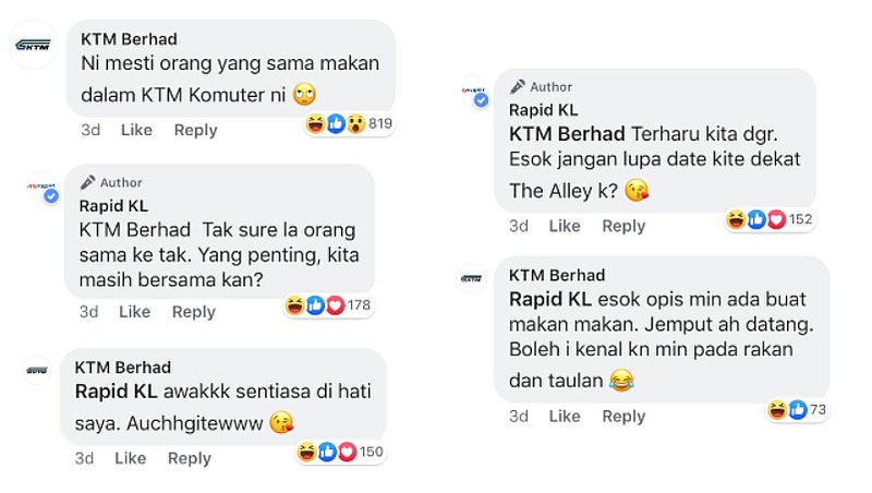 KTM Berhad and Rapid KL chatting each other up in the comments section. — Screengrab via Facebook/Rapid KL