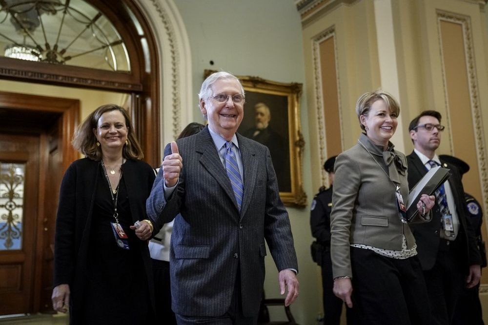 Senate Majority Leader Mitch McConnell (R-KY) gives the thumbs up as he leaves the Senate chamber after adjourning for the night during the impeachment trial of US President Donald Trump at the US Capitol on January 31, 2020 in Washington, DC. u00e2u20acu201d AFP pic