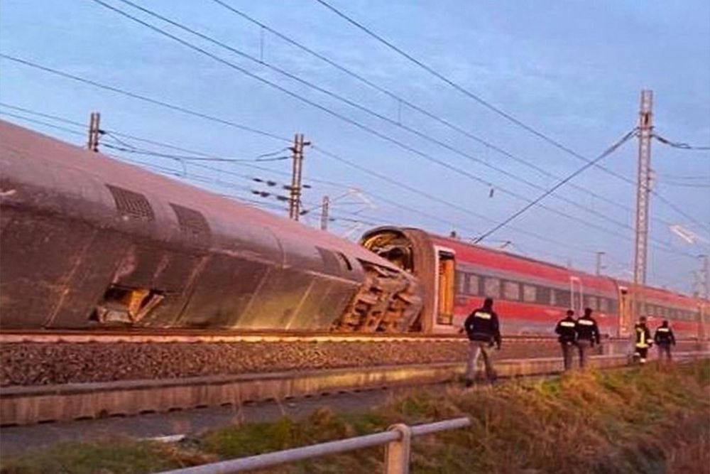 A photograph released by the Italian police, Polizia di stato, shows a derailed train, outside the city of Lodi, near Milan, northern Italy. u00e2u20acu201d AFP pic