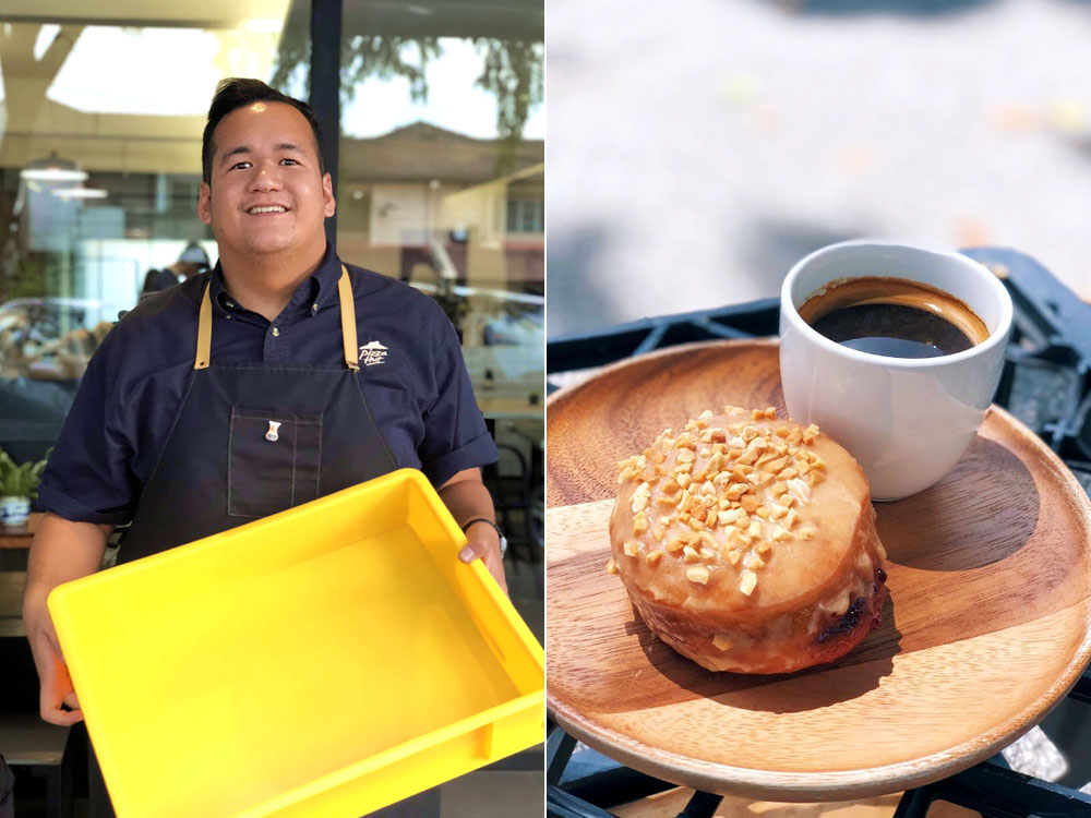 Co-founder Hamzah Ariffin is a pilot by day (left); the classic PB&J yeast doughnut (right).