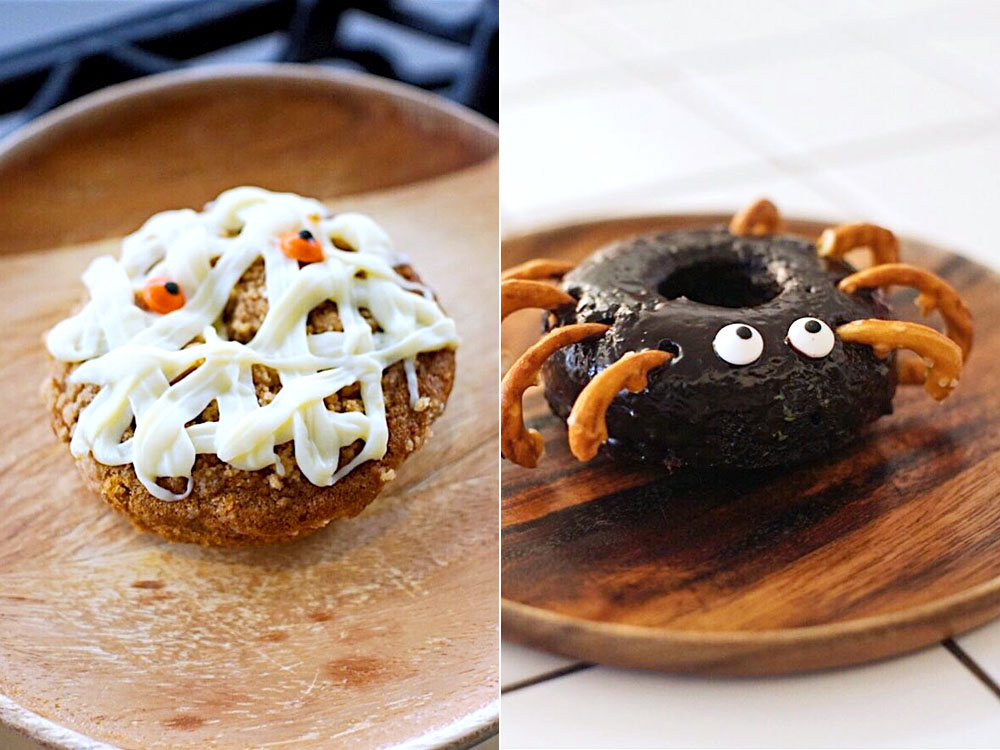Mummies and spiders: Halloween-themed doughnuts.