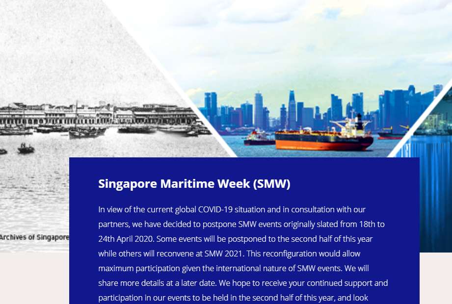 The announcement on the postponement of Singapore Maritime Week on the smw.sg internet portal.