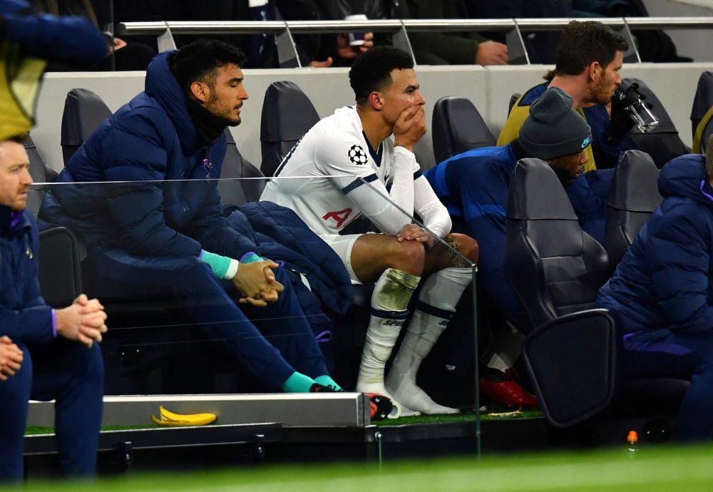 Tottenham Hotspur's Dele Alli looks dejected on the bench after he comes off as a substitute against RB Leipzig February 19, 2020. u00e2u20acu201d Reuters pic pic