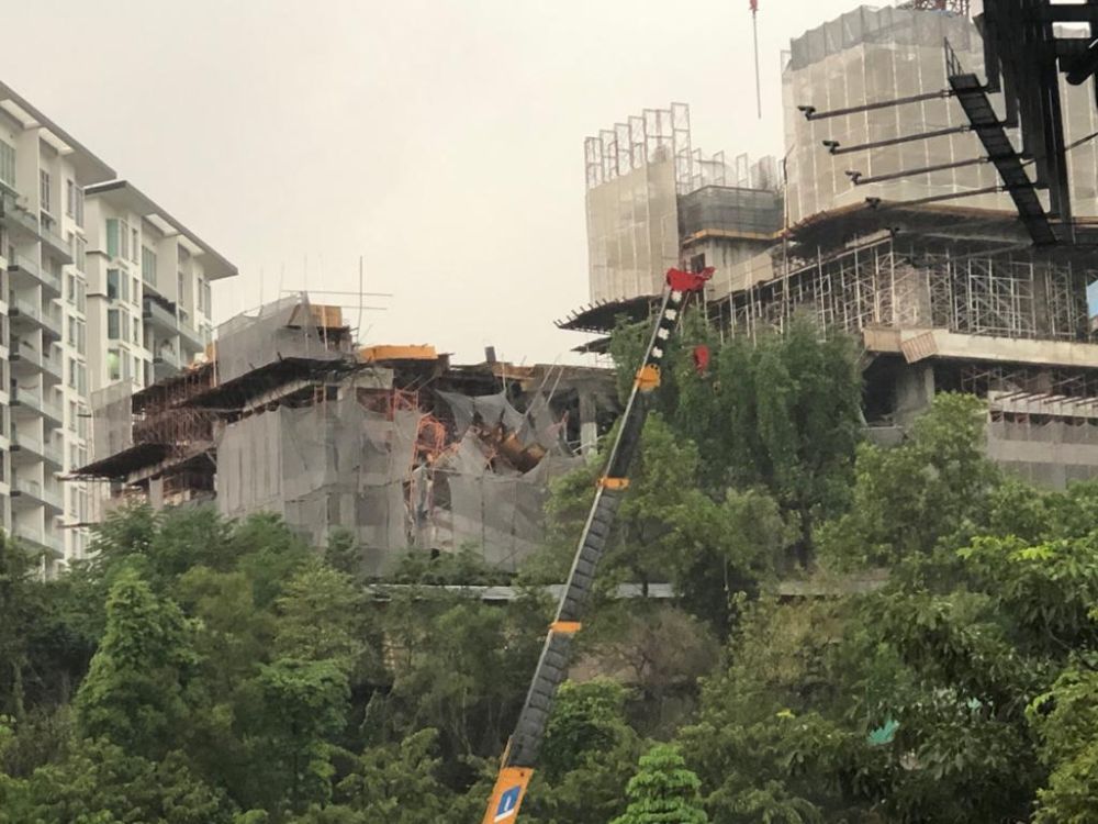 A general view of the partially collapsed condominium project in Taman Desa February 14, 2020. u00e2u20acu201d Picture via Facebook