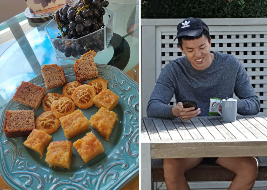 Wee made afternoon tea — including 'kueh bingka' and Nyonya pineapple tarts — to offer Ho a taste of much-missed Malaysia (left).     Ho out at Wee’s front deck, catching up with family and friends back in Malaysia (right).