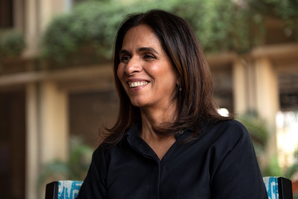 In this photo taken on February 14, 2020, fashion designer Anita Dongre reacts during an interview with AFP at her factory on the outskirts of Mumbai. u00e2u20acu201d AFP pic